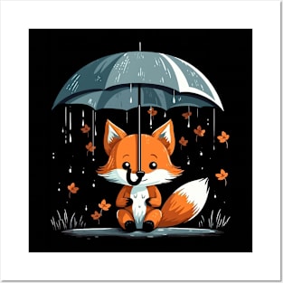 Red Fox Rainy Day With Umbrella Posters and Art